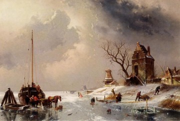  Carga Arte - Figuras cargando un carro tirado por caballos sobre el paisaje de hielo Charles Leickert